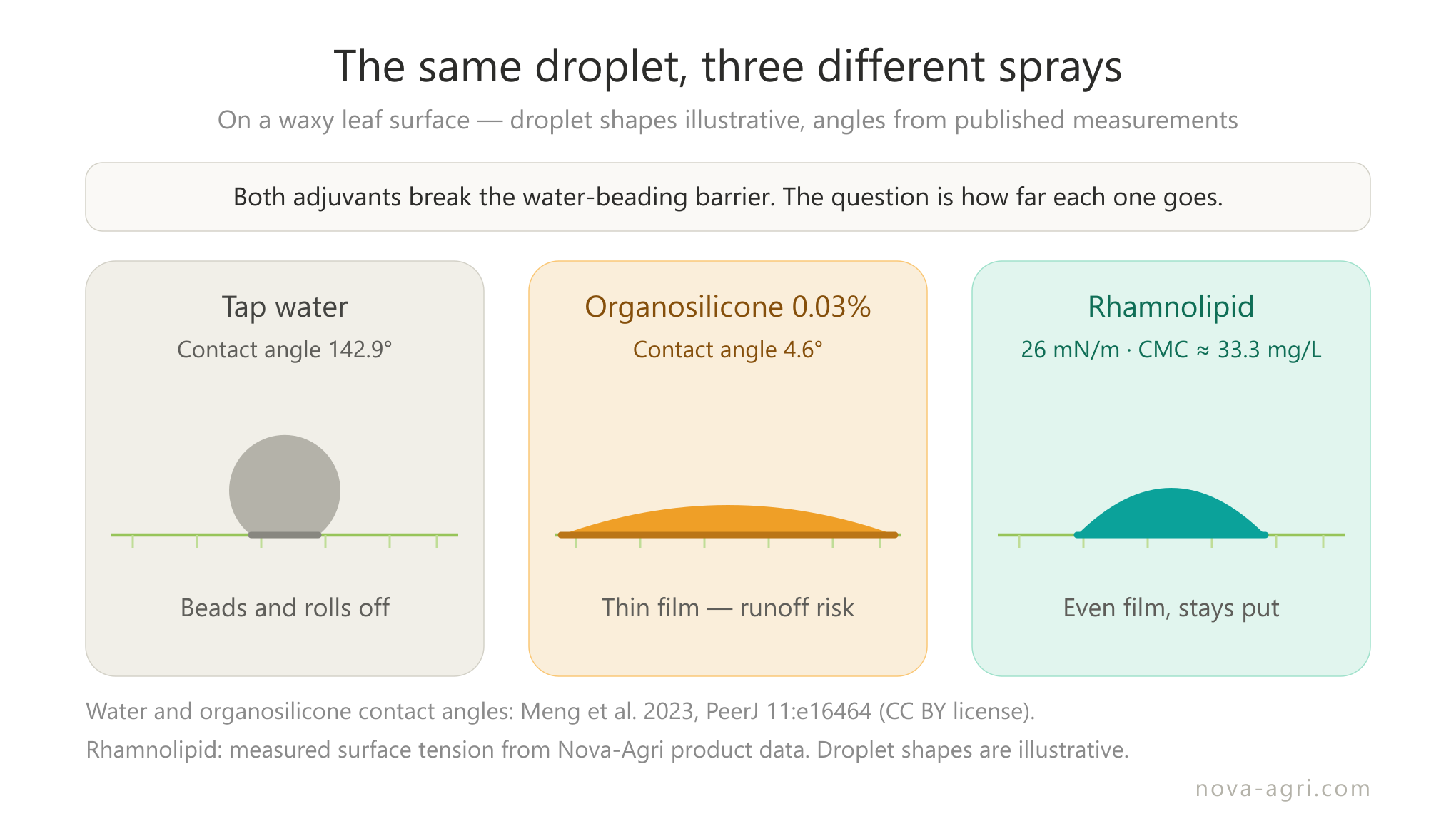Droplet behaviour on a waxy leaf — water beading at 142.9°, organosilicone filming at 4.6° with runoff risk, and rhamnolipid spreading evenly at 26 mN/m