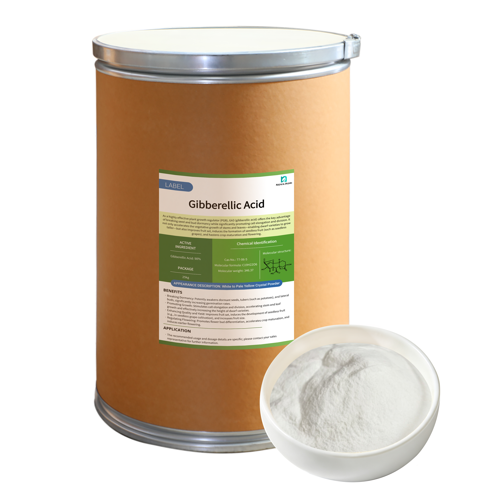 High purity Gibberellic Acid 90% TC white crystalline powder plant growth regulator in 25kg fiber drum packaging