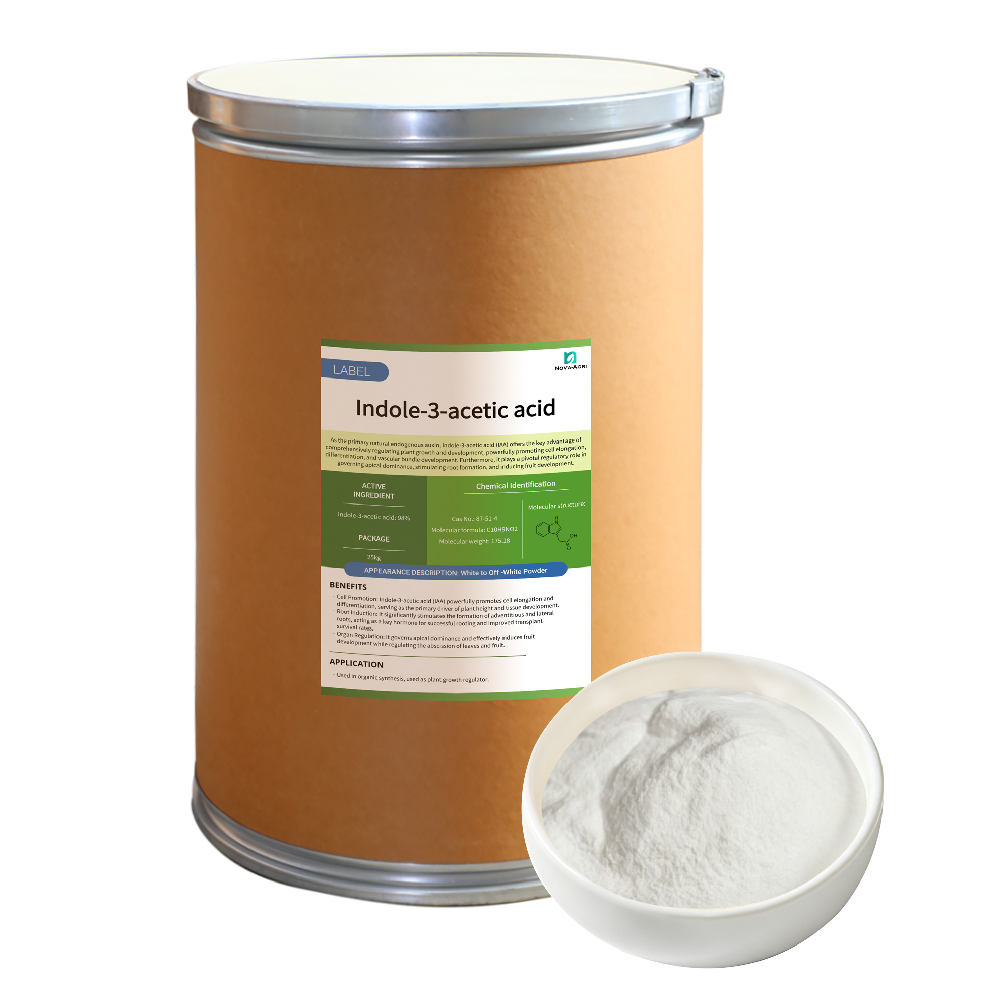 Bulk supply of IAA 98% TC plant hormone powder with custom OEM and private label packaging options.