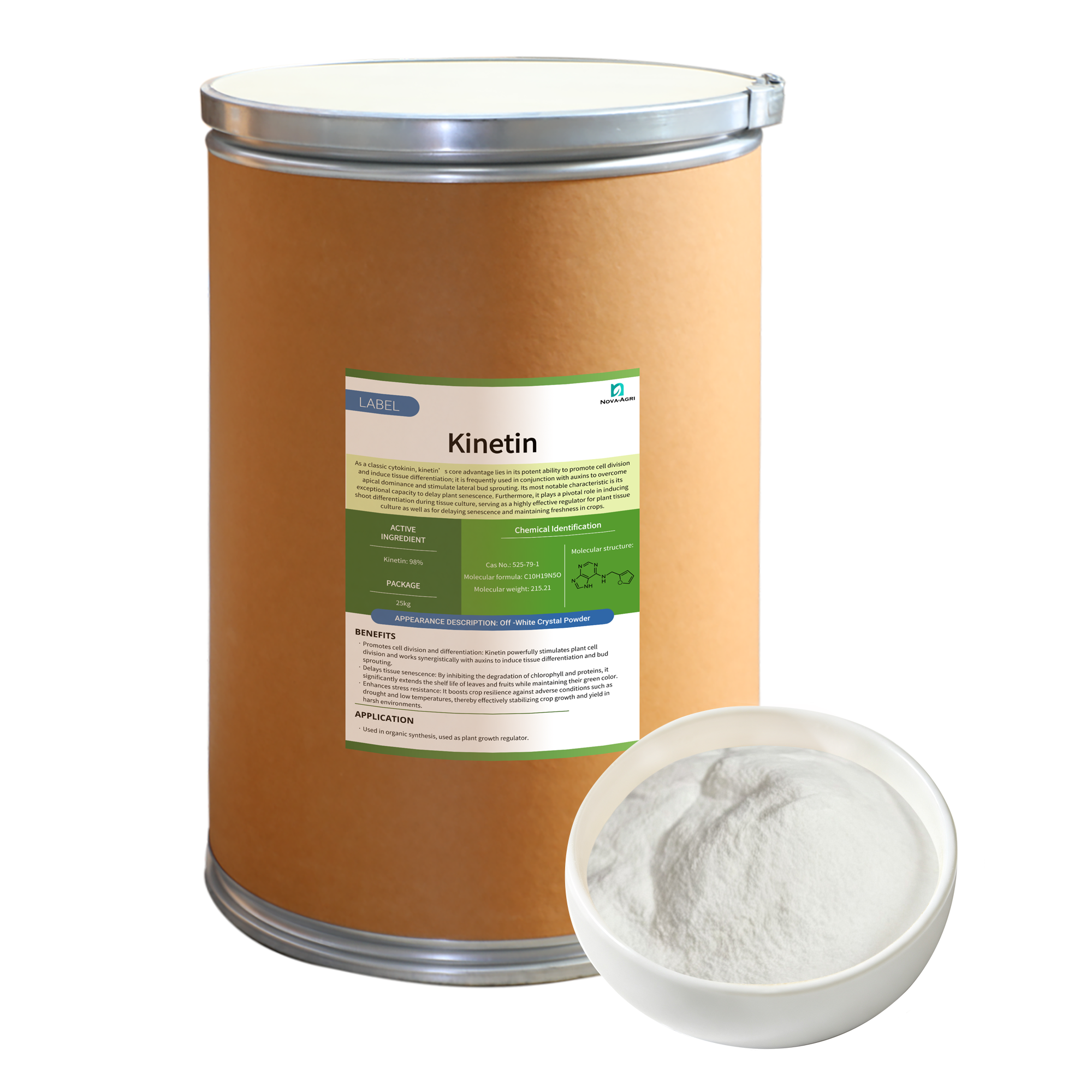 6-BA 98% TC 6-Benzylaminopurine technical powder packed in standard 25kg fiber drum for export.