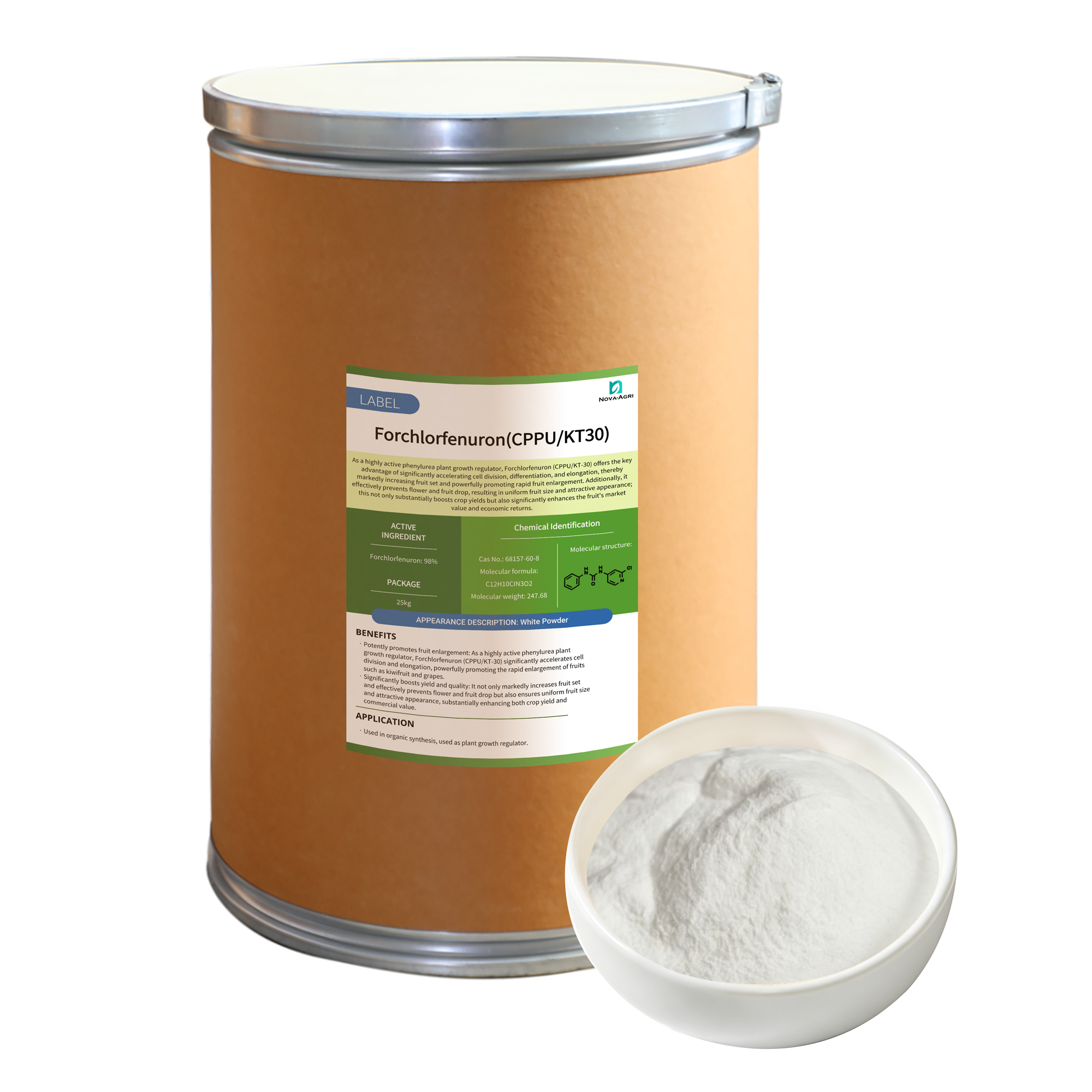 Forclorfenurón CPPU 98% TC en polvo cristalino blanco empacado en tambor de fibra estándar de 25kg para exportación.