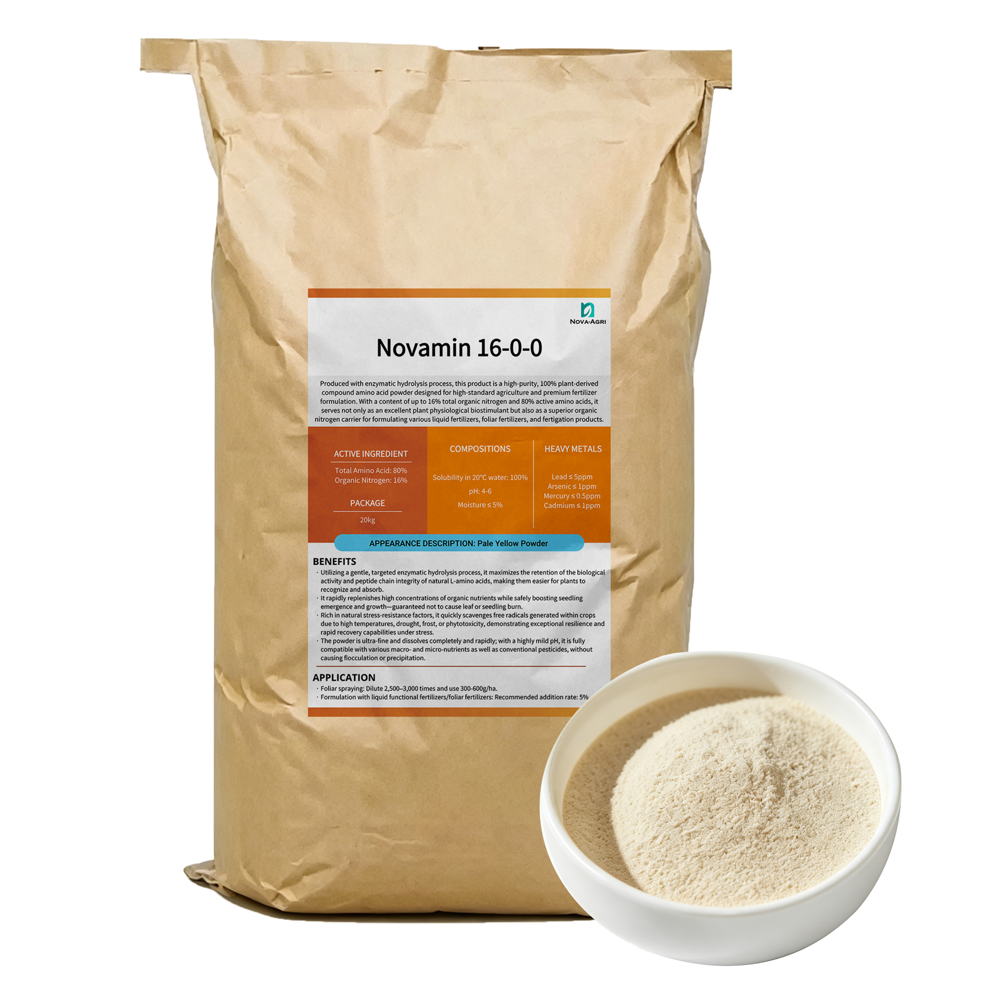 Enzymatic hydrolyzed amino acid 80% powder sample with organic 16-0-0 nitrogen rating next to standard 20kg export packaging