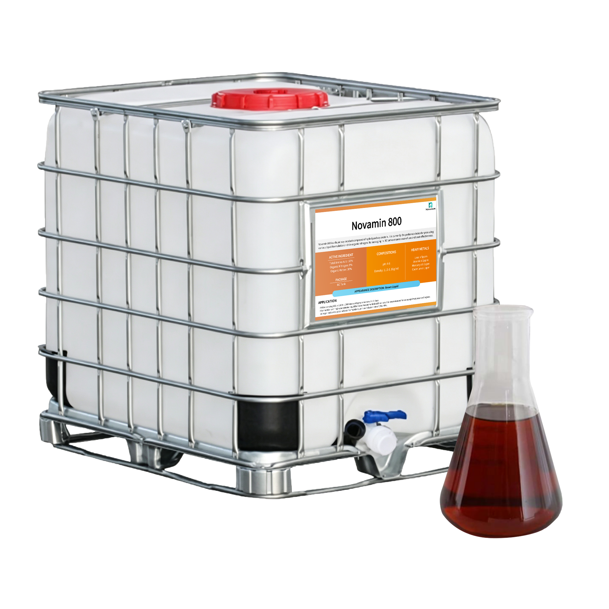 Muestra de aminoácidos enzimáticos líquidos 50% de origen vegetal con proteína hidrolizada orgánica 8-0-0 junto a bidón de 20L de exportación