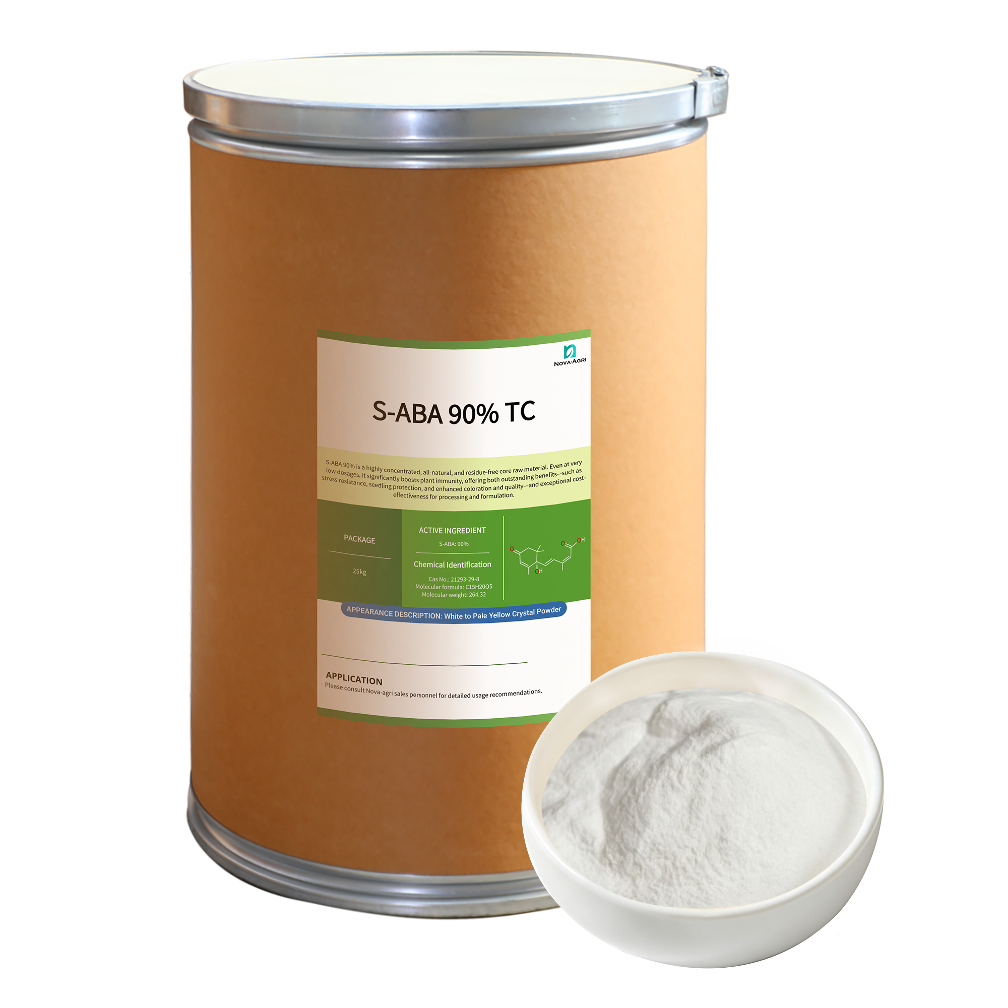 Bulk S-Abscisic Acid S-ABA 90% TC white powder plant growth regulator packed in 25kg fiber drum from china supplier CAS 21293-29-8.
