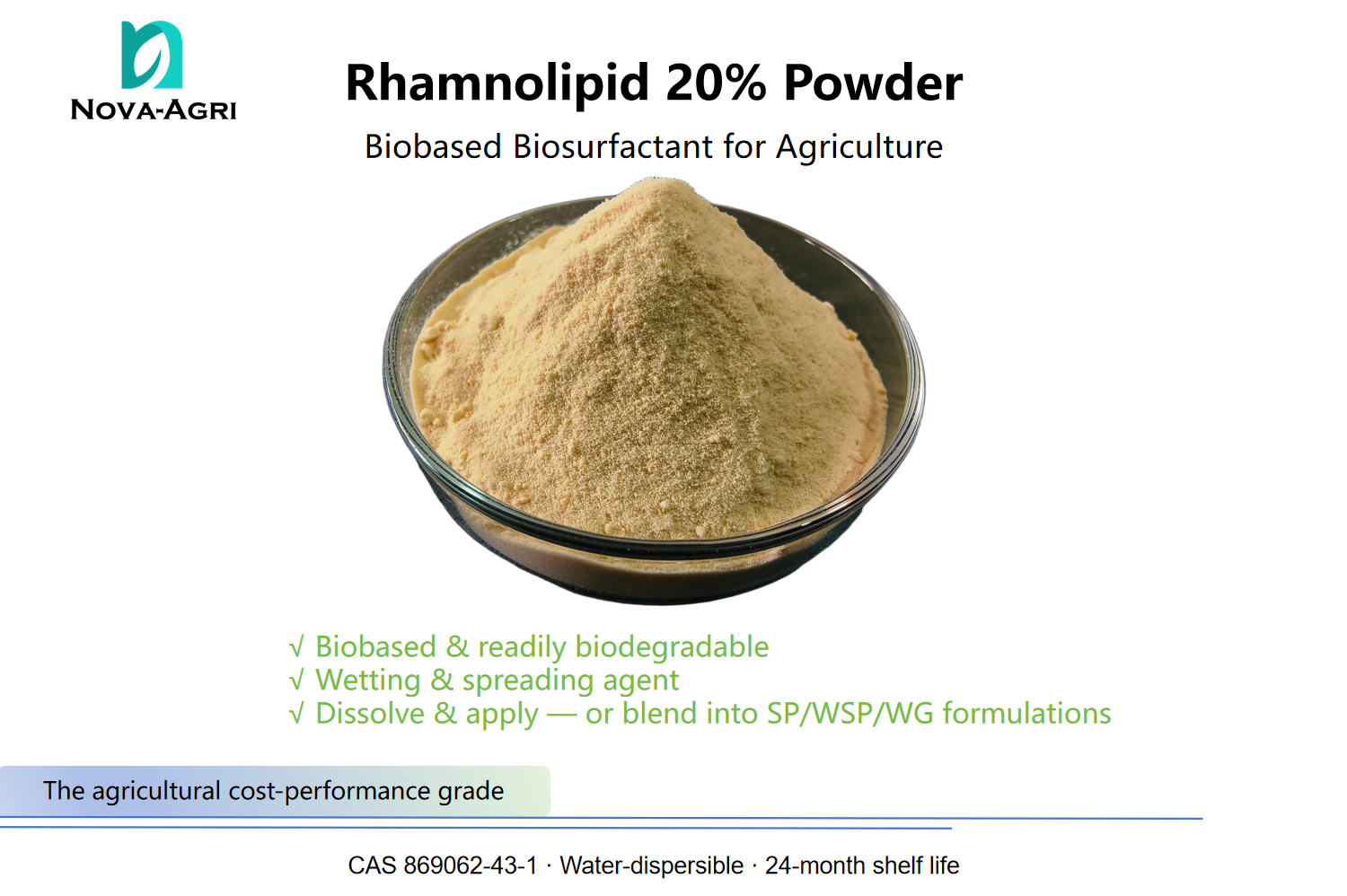 Rhamnolipid 20% powder, CAS 869062-43-1 — biobased, biodegradable biosurfactant for wetting, spreading and soil wetting in agricultural programs