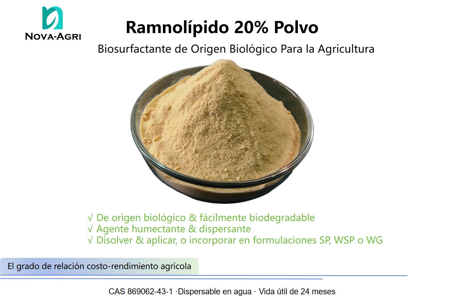 Ramnolípido 20% en polvo — biosurfactante biodegradable de origen biológico para humectación foliar y de suelo en agricultura