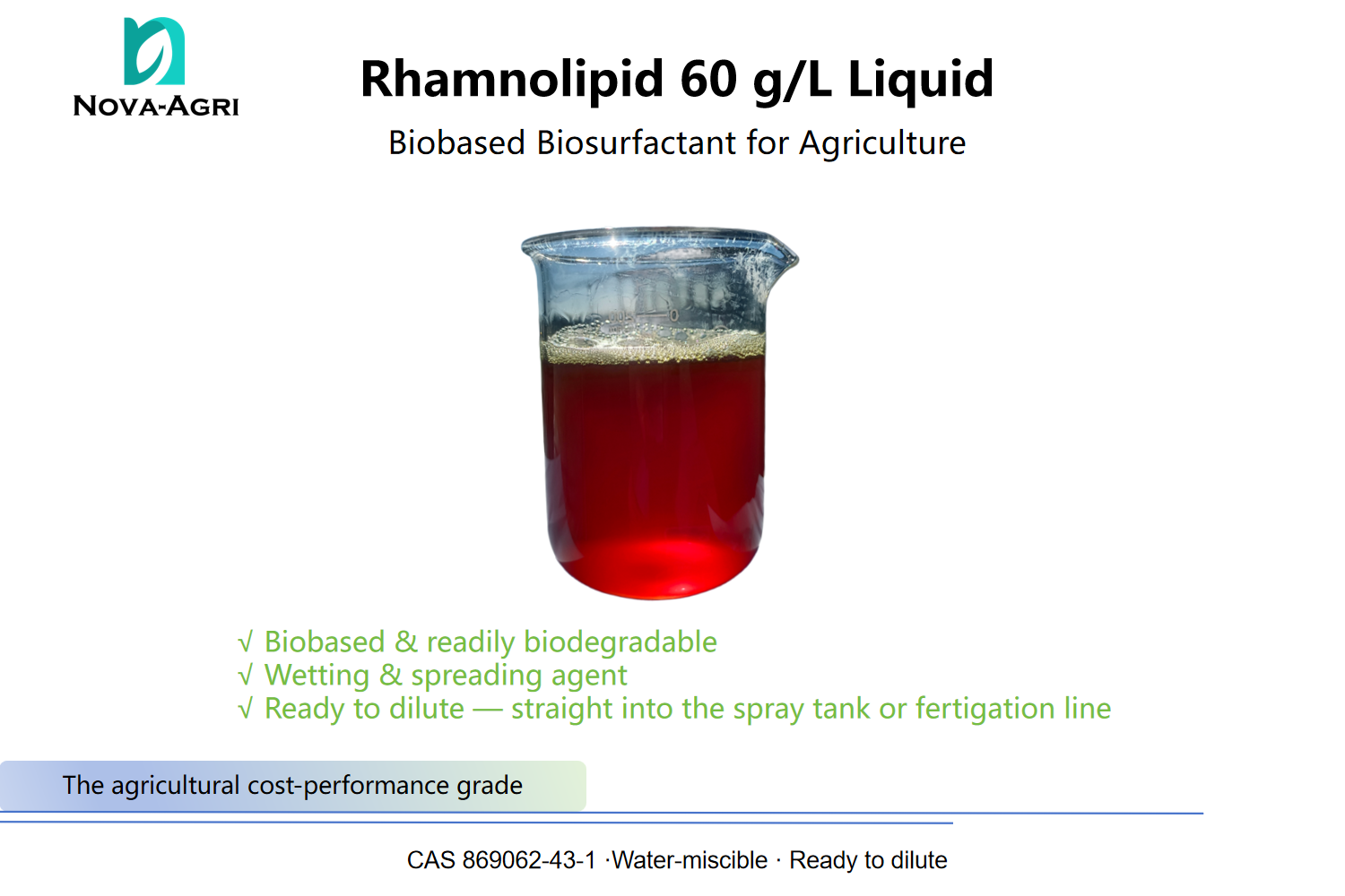 Rhamnolipid 60 g/L liquid, CAS 869062-43-1 — biodegradable biosurfactant wetting and spreading agent for spray tanks, fertigation and soil wetting
