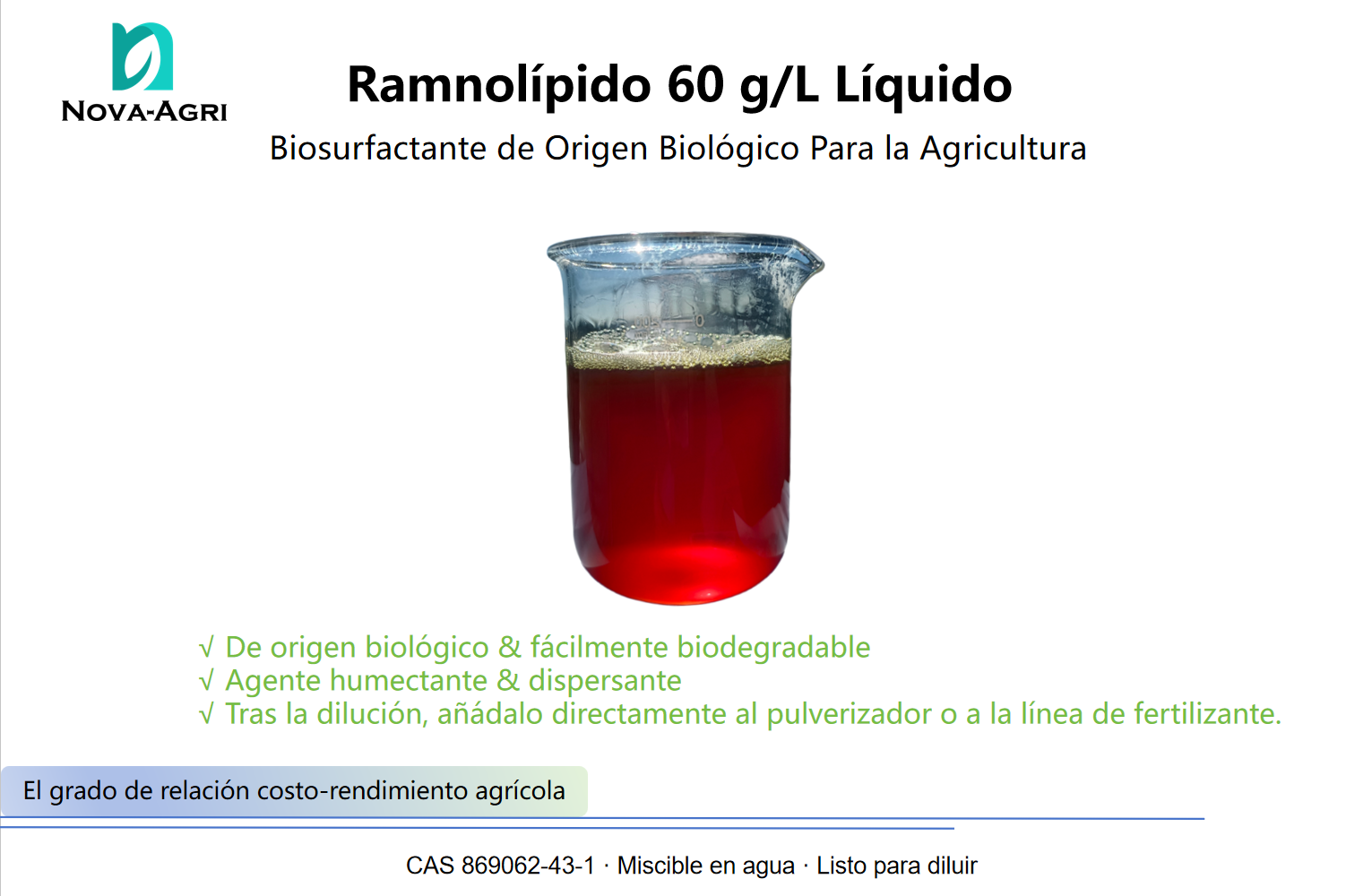 Ramnolípido 60 g/L líquido — biosurfactante biodegradable para humectación y dispersión en pulverización, fertirriego y suelo
